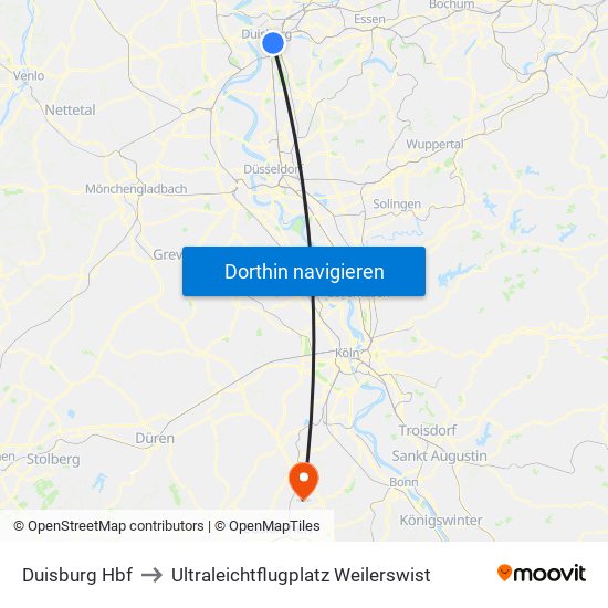 Duisburg Hbf to Ultraleichtflugplatz Weilerswist map