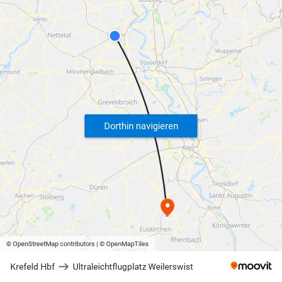 Krefeld Hbf to Ultraleichtflugplatz Weilerswist map