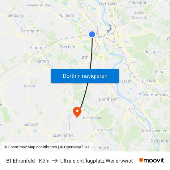 Bf Ehrenfeld - Köln to Ultraleichtflugplatz Weilerswist map