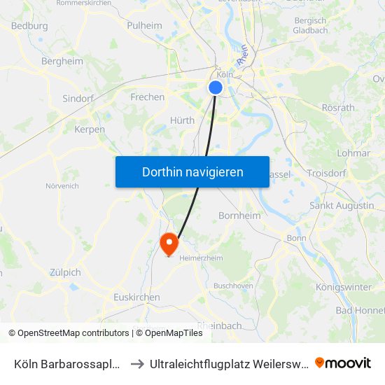 Köln Barbarossaplatz to Ultraleichtflugplatz Weilerswist map