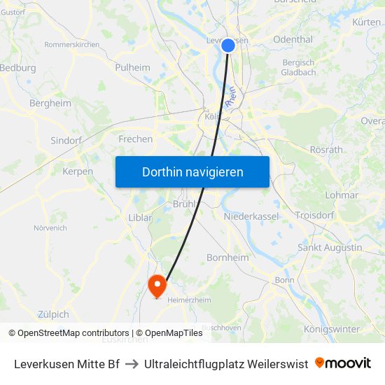 Leverkusen Mitte Bf to Ultraleichtflugplatz Weilerswist map