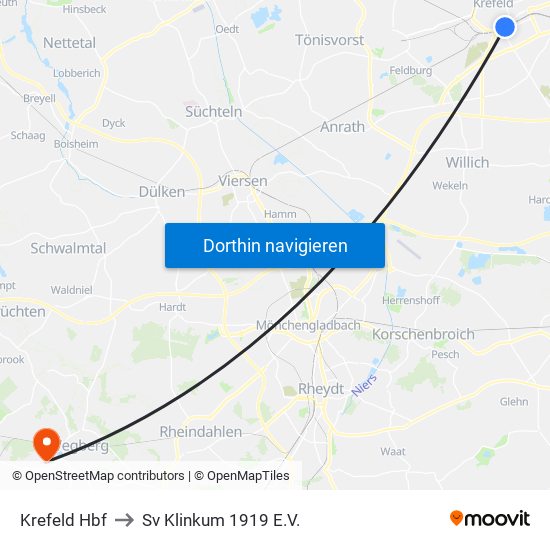 Krefeld Hbf to Sv Klinkum 1919 E.V. map