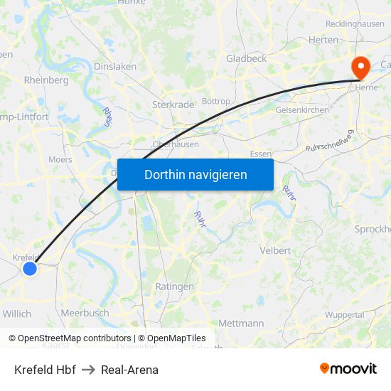 Krefeld Hbf to Real-Arena map