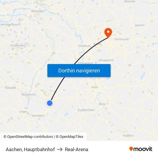 Aachen, Hauptbahnhof to Real-Arena map