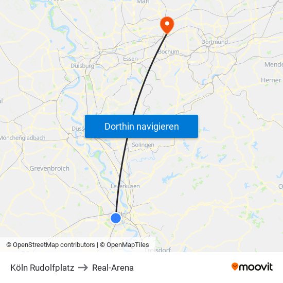 Köln Rudolfplatz to Real-Arena map