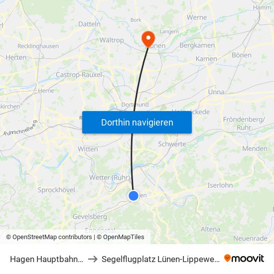 Hagen Hauptbahnhof to Segelflugplatz Lünen-Lippeweiden map