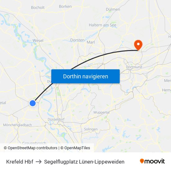 Krefeld Hbf to Segelflugplatz Lünen-Lippeweiden map