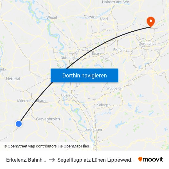 Erkelenz, Bahnhof to Segelflugplatz Lünen-Lippeweiden map