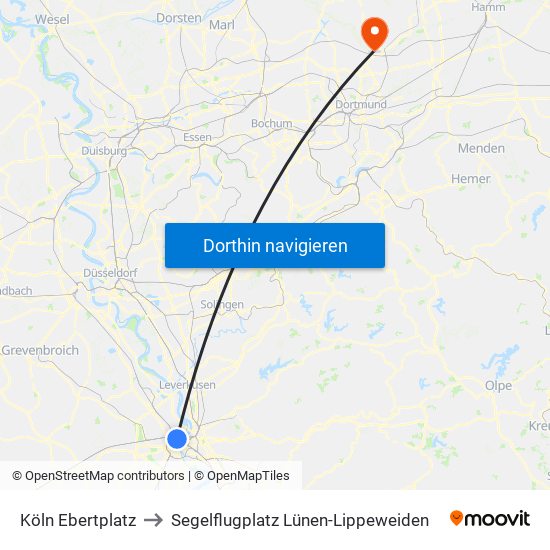 Köln Ebertplatz to Segelflugplatz Lünen-Lippeweiden map