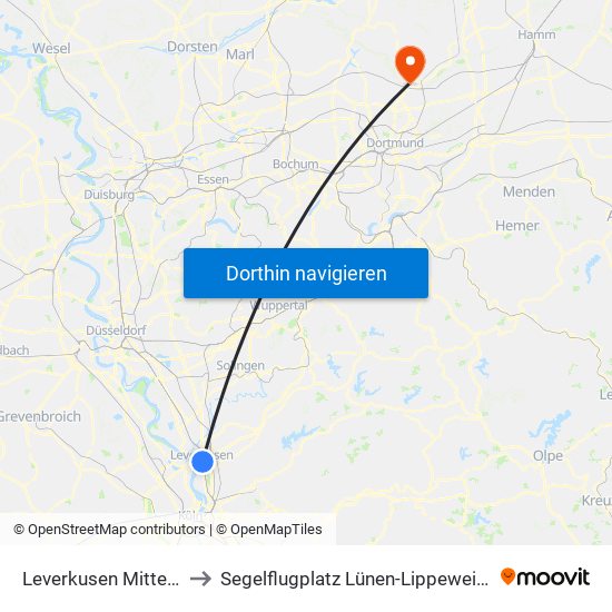 Leverkusen Mitte Bf to Segelflugplatz Lünen-Lippeweiden map