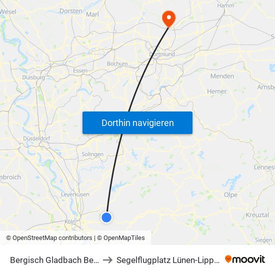 Bergisch Gladbach Bensberg to Segelflugplatz Lünen-Lippeweiden map