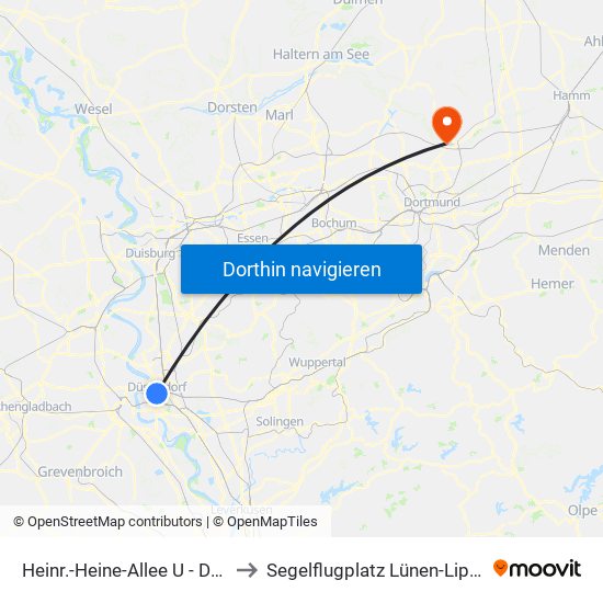 Heinr.-Heine-Allee U - Düsseldorf to Segelflugplatz Lünen-Lippeweiden map