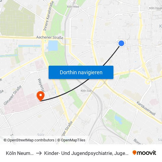 Köln Neumarkt to Kinder- Und Jugendpsychiatrie, ­Jugendstation map