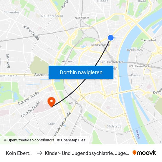 Köln Ebertplatz to Kinder- Und Jugendpsychiatrie, ­Jugendstation map