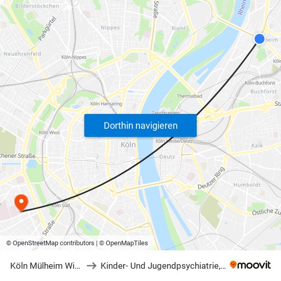 Köln Mülheim Wiener Platz to Kinder- Und Jugendpsychiatrie, ­Jugendstation map