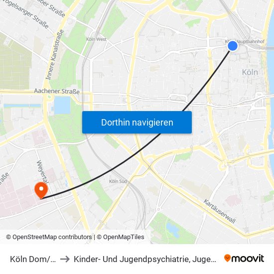 Köln Dom/Hbf to Kinder- Und Jugendpsychiatrie, ­Jugendstation map