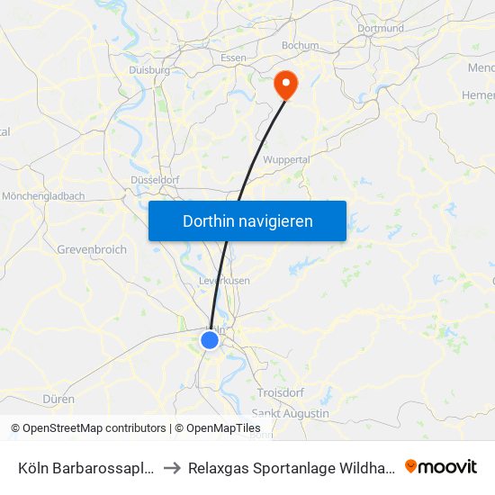 Köln Barbarossaplatz to Relaxgas Sportanlage Wildhagen map