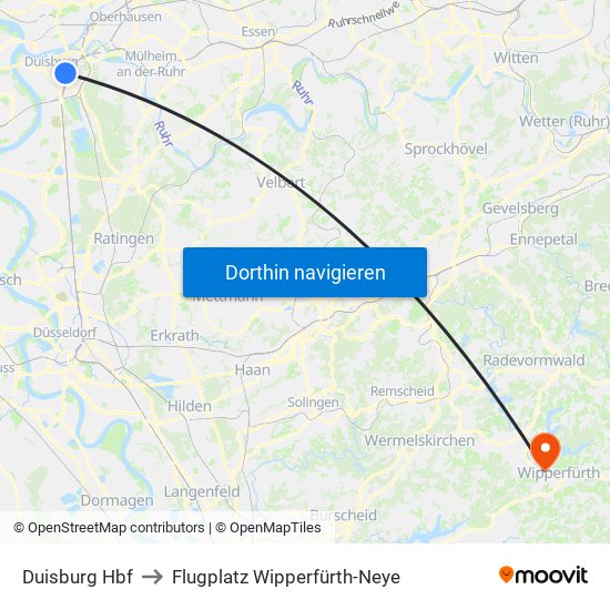 Duisburg Hbf to Flugplatz Wipperfürth-Neye map