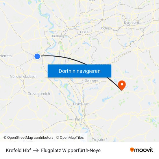 Krefeld Hbf to Flugplatz Wipperfürth-Neye map