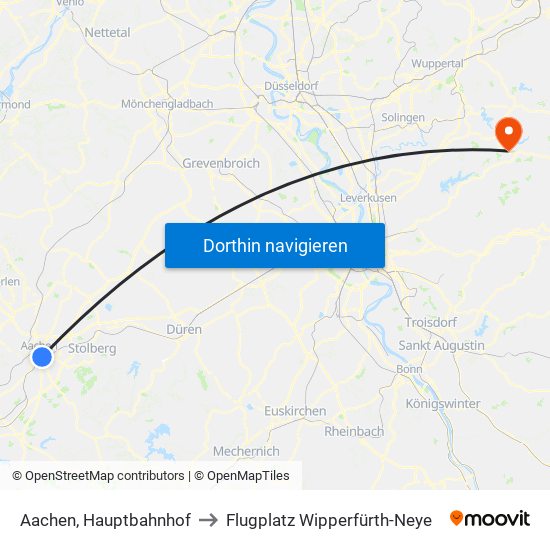 Aachen, Hauptbahnhof to Flugplatz Wipperfürth-Neye map