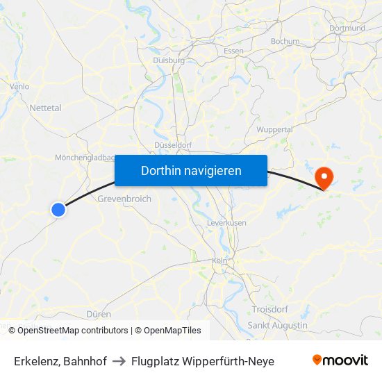 Erkelenz, Bahnhof to Flugplatz Wipperfürth-Neye map