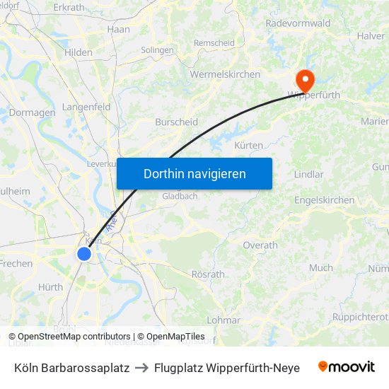 Köln Barbarossaplatz to Flugplatz Wipperfürth-Neye map