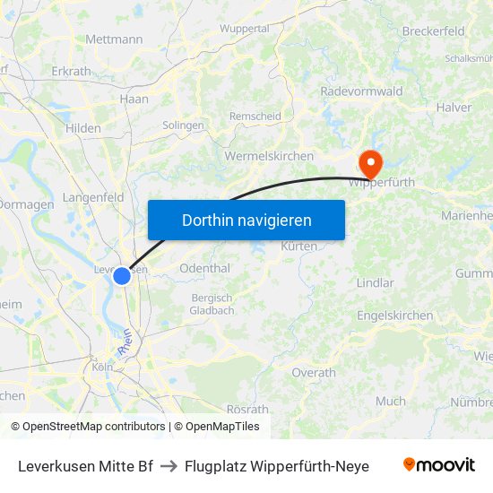 Leverkusen Mitte Bf to Flugplatz Wipperfürth-Neye map