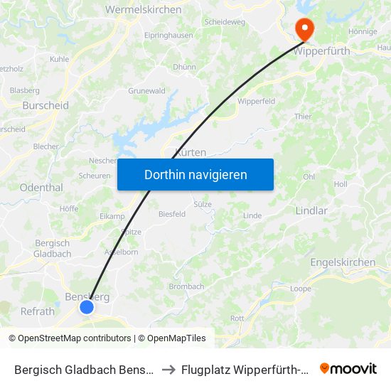 Bergisch Gladbach Bensberg to Flugplatz Wipperfürth-Neye map