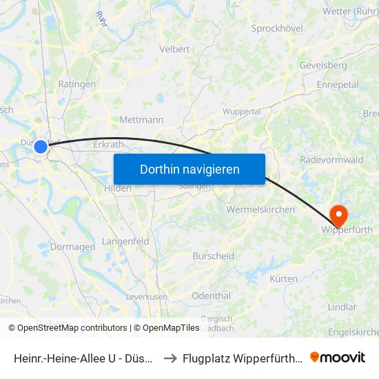 Heinr.-Heine-Allee U - Düsseldorf to Flugplatz Wipperfürth-Neye map