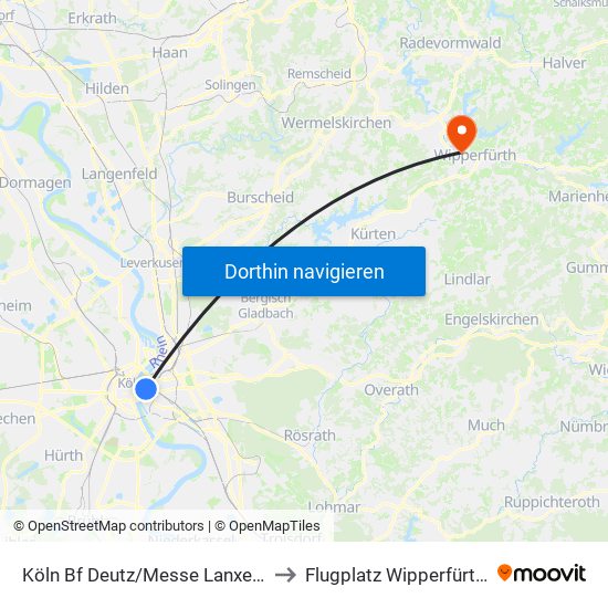 Köln Bf Deutz/Messe Lanxess Arena to Flugplatz Wipperfürth-Neye map