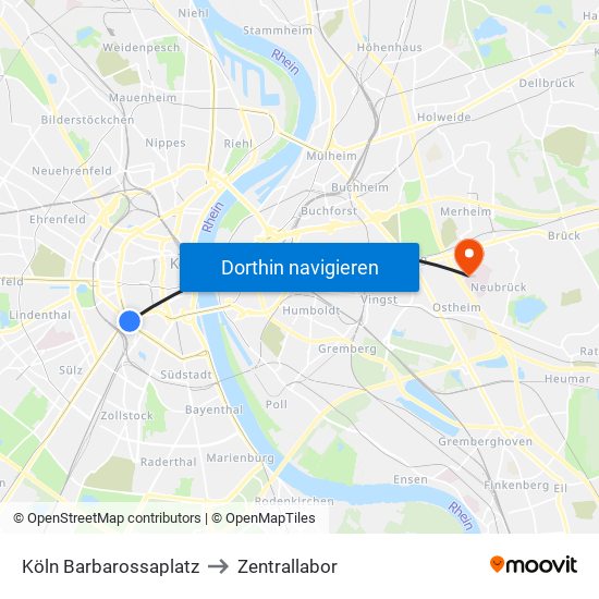 Köln Barbarossaplatz to Zentrallabor map