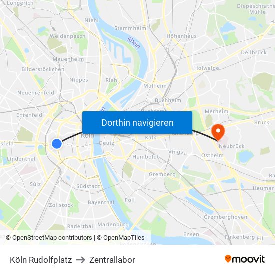 Köln Rudolfplatz to Zentrallabor map
