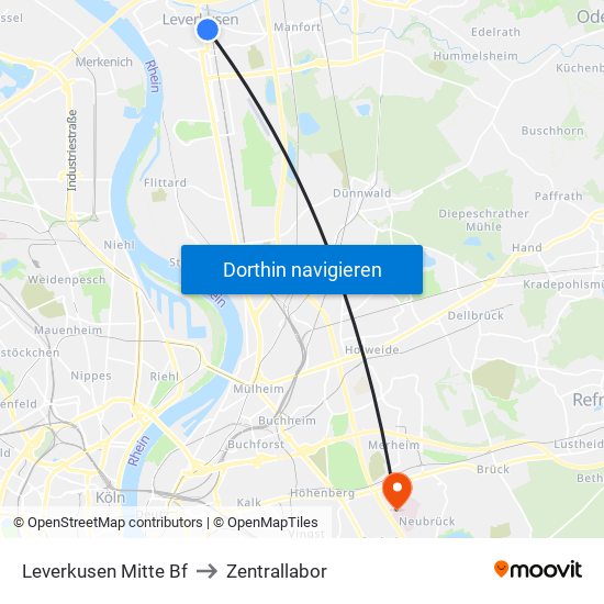 Leverkusen Mitte Bf to Zentrallabor map