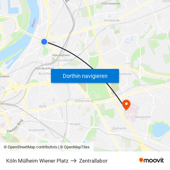 Köln Mülheim Wiener Platz to Zentrallabor map