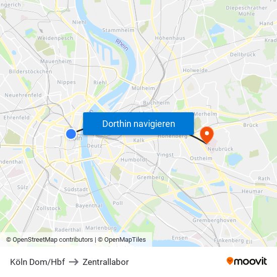 Köln Dom/Hbf to Zentrallabor map