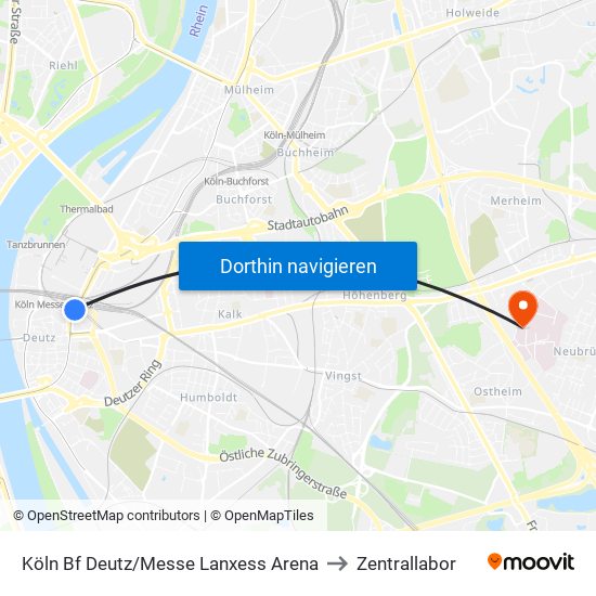 Köln Bf Deutz/Messe Lanxess Arena to Zentrallabor map