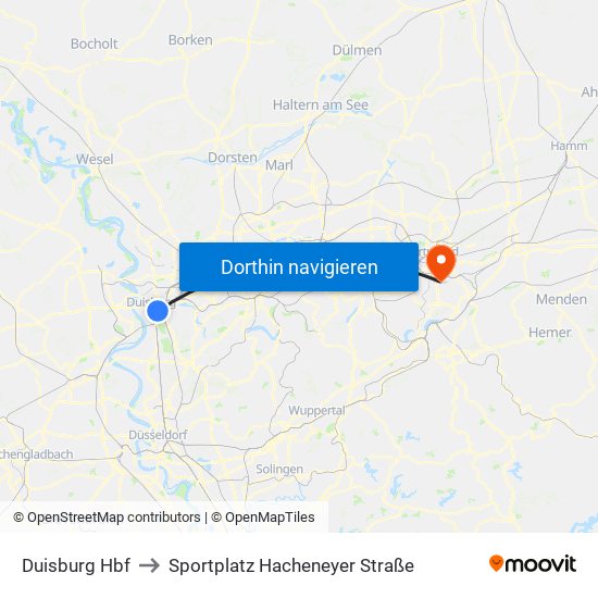 Duisburg Hbf to Sportplatz Hacheneyer Straße map