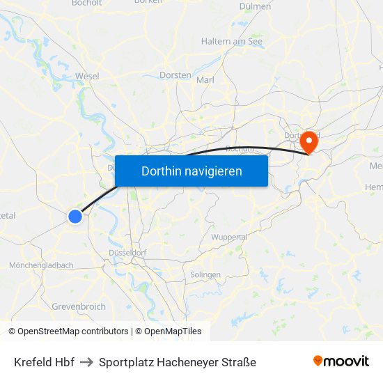 Krefeld Hbf to Sportplatz Hacheneyer Straße map