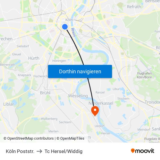 Köln Poststr. to Tc Hersel/Widdig map