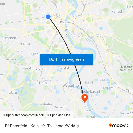 Bf Ehrenfeld - Köln to Tc Hersel/Widdig map