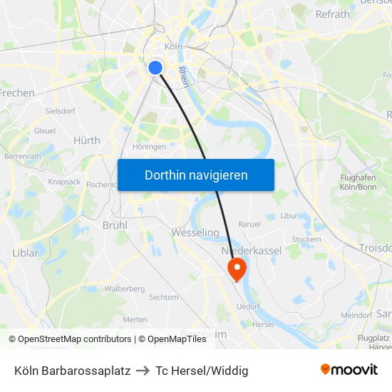Köln Barbarossaplatz to Tc Hersel/Widdig map