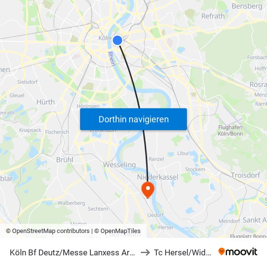 Köln Bf Deutz/Messe Lanxess Arena to Tc Hersel/Widdig map