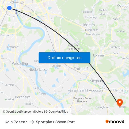 Köln Poststr. to Sportplatz Söven-Rott map