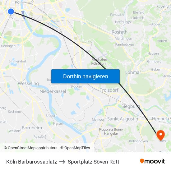 Köln Barbarossaplatz to Sportplatz Söven-Rott map