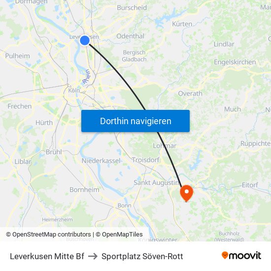 Leverkusen Mitte Bf to Sportplatz Söven-Rott map