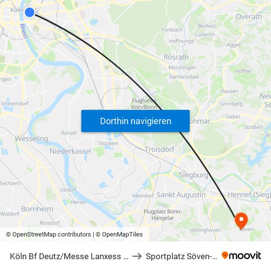 Köln Bf Deutz/Messe Lanxess Arena to Sportplatz Söven-Rott map