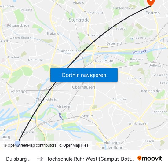 Duisburg Hbf to Hochschule Ruhr West (Campus Bottrop) map