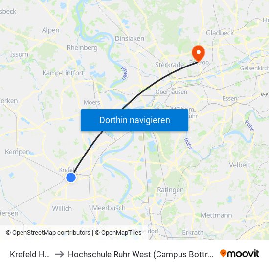 Krefeld Hbf to Hochschule Ruhr West (Campus Bottrop) map