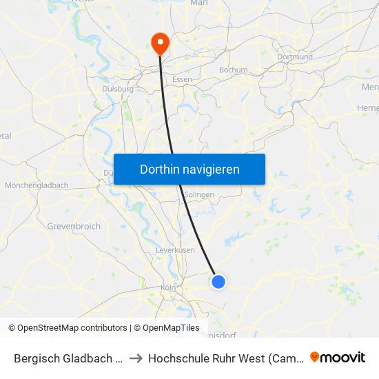 Bergisch Gladbach Bensberg to Hochschule Ruhr West (Campus Bottrop) map