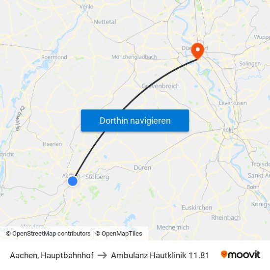 Aachen, Hauptbahnhof to Ambulanz Hautklinik 11.81 map